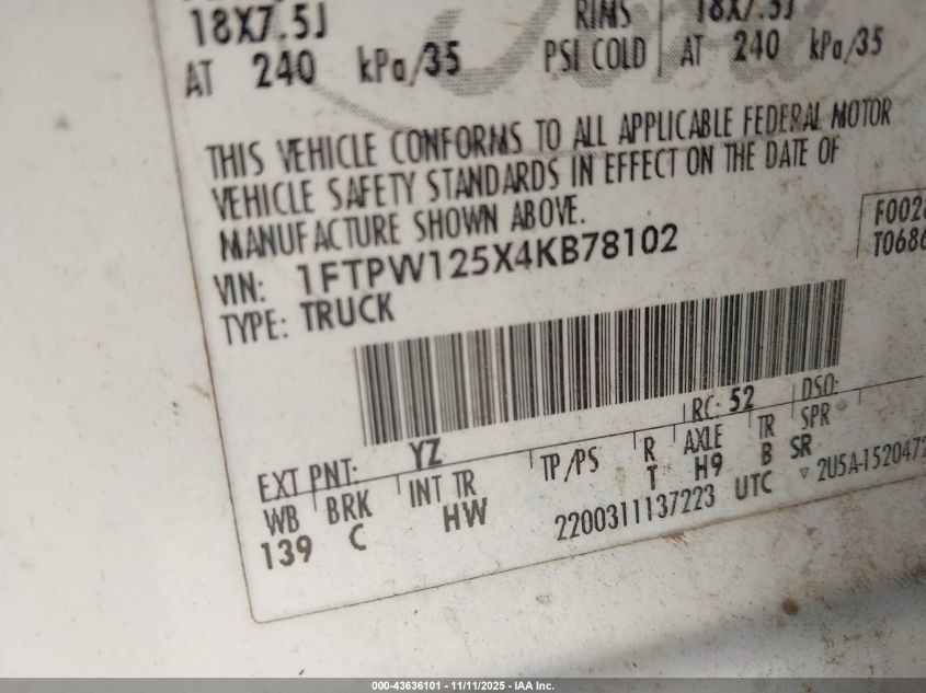 2004 Ford F-150 Lariat/Xlt VIN: 1FTPW125X4KB78102 Lot: 43636101