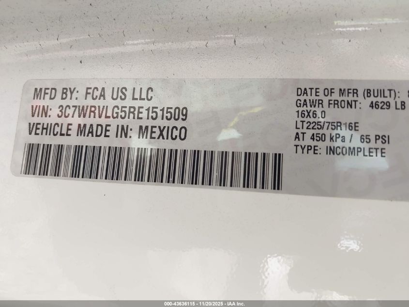 2024 Ram Promaster 3500 Cutaway Low Roof VIN: 3C7WRVLG5RE151509 Lot: 43636115