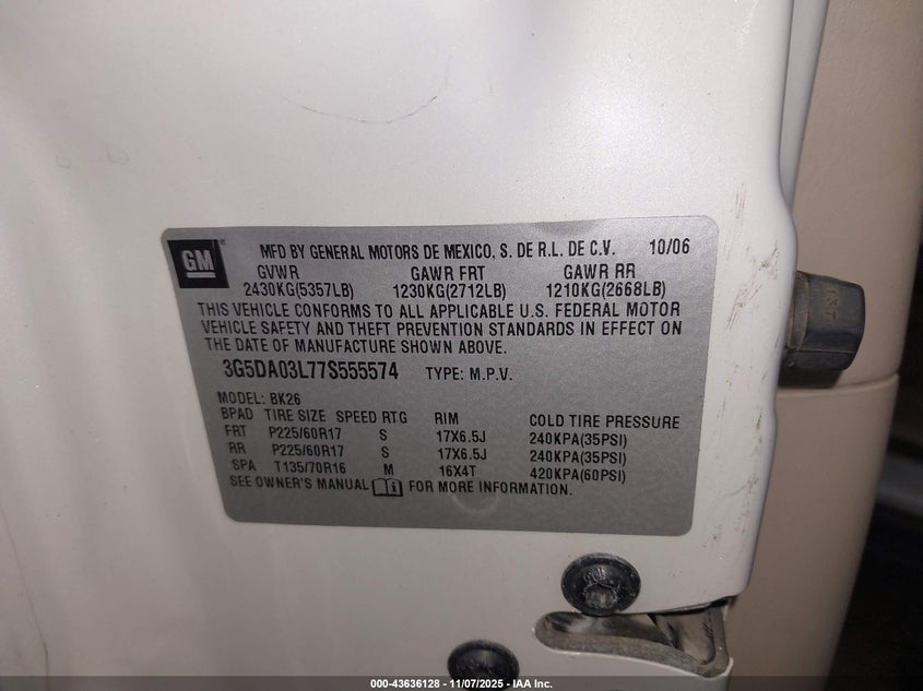 2007 Buick Rendezvous Cxl VIN: 3G5DA03L77S555574 Lot: 43636128