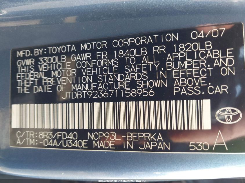 2007 Toyota Yaris VIN: JTDBT923671158956 Lot: 43636130