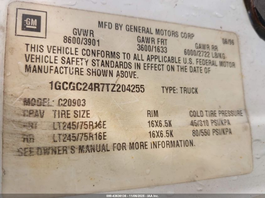 1996 Chevrolet Gmt-400 C2500 VIN: 1GCGC24R7TZ204255 Lot: 43636136