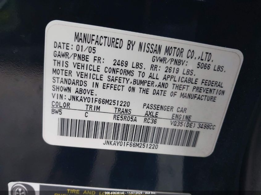 2006 Infiniti M35X VIN: JNKAY01F66M251220 Lot: 43636140
