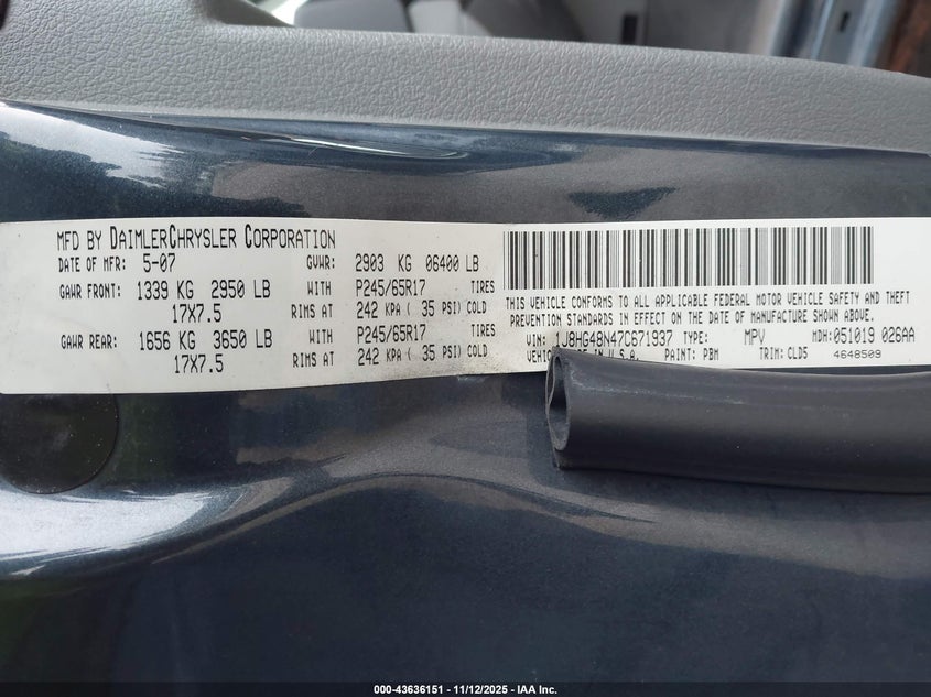 2007 Jeep Commander Sport VIN: 1J8HG48N47C671937 Lot: 43636151