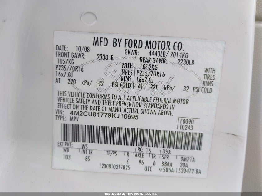 4M2CU81779KJ10695 2009 MERCURY MARINER photo no. 9