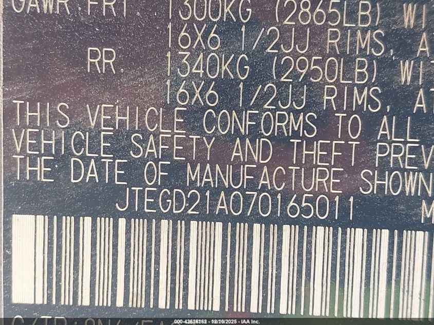 2007 Toyota Highlander VIN: JTEGD21A070165011 Lot: 43636162