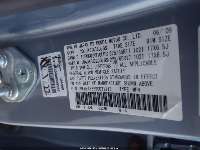 2009 Honda Cr-V Lx VIN: JHLRE48369C021173 Lot: 43636165