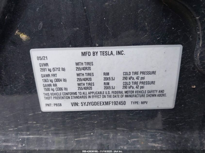 2021 Tesla Model Y Long Range Dual Motor All-Wheel Drive VIN: 5YJYGDEEXMF192450 Lot: 43636168