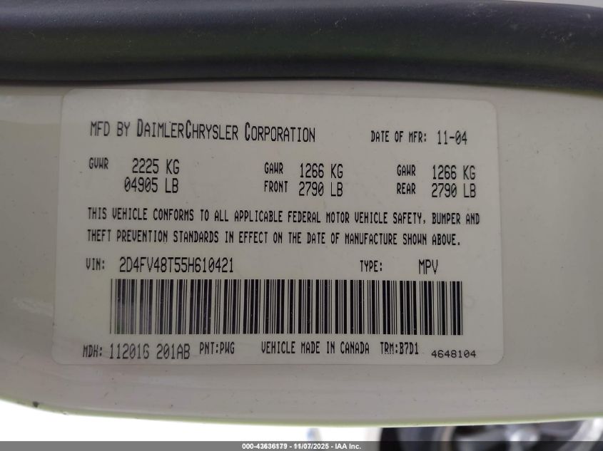 2005 Dodge Magnum Se VIN: 2D4FV48T55H610421 Lot: 43636179