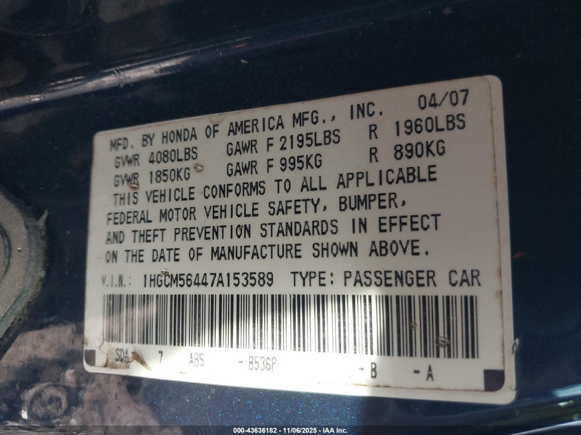 1HGCM56447A153589 2007 HONDA ACCORD photo no. 9