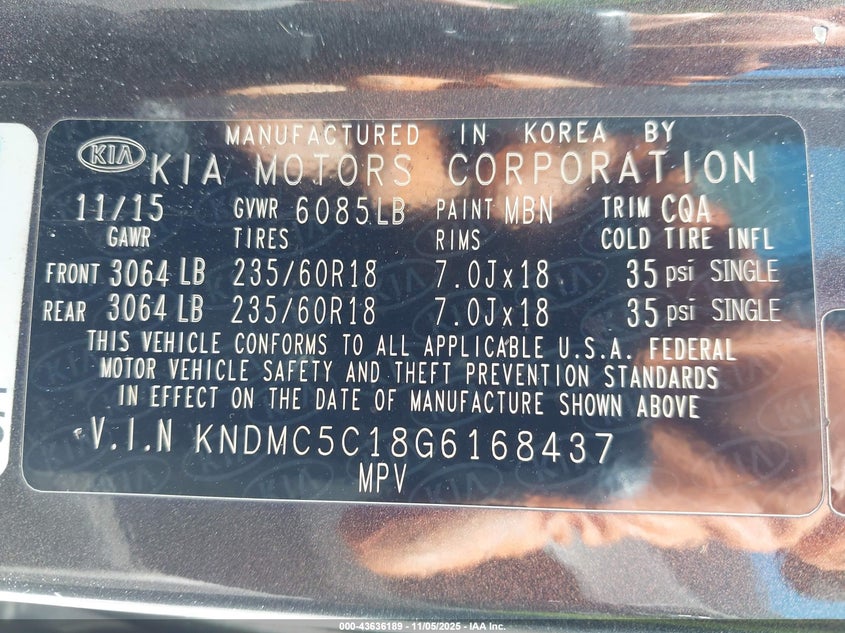 2016 Kia Sedona Ex VIN: KNDMC5C18G6168437 Lot: 43636189