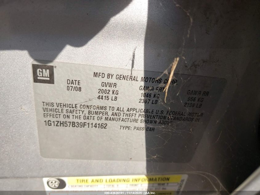 2009 Chevrolet Malibu Lt VIN: 1G1ZH57B39F114162 Lot: 43636191