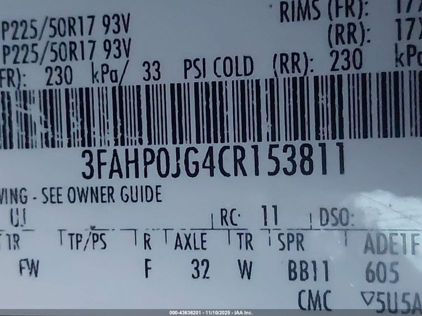 2012 Ford Fusion Sel VIN: 3FAHP0JG4CR153811 Lot: 43636201