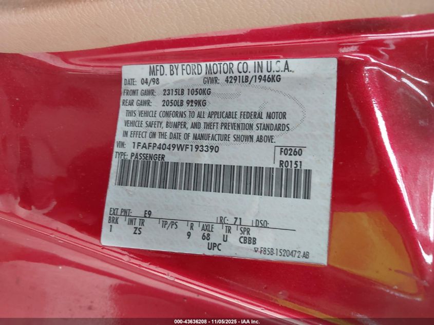 1998 Ford Mustang VIN: 1FAFP4049WF193390 Lot: 43636208