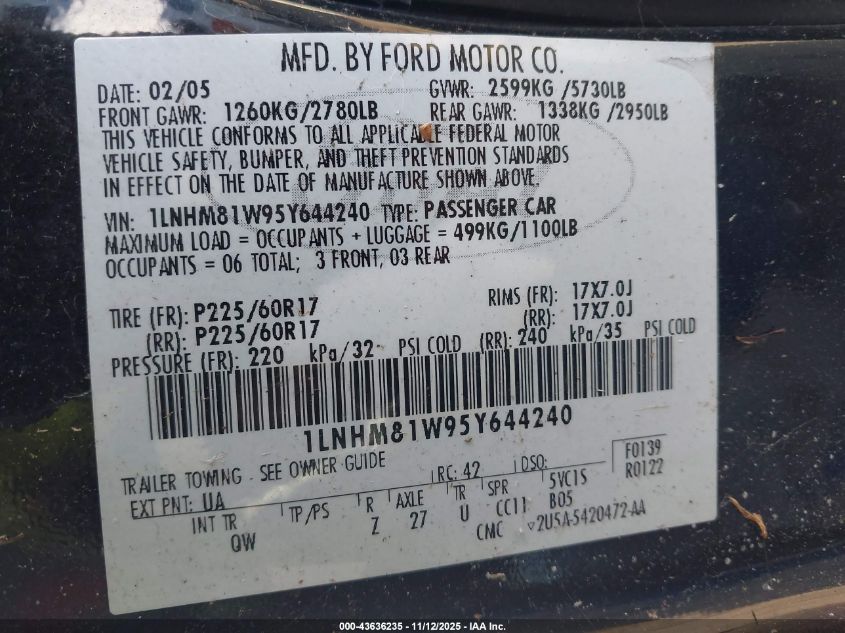 2005 Lincoln Town Car Signature VIN: 1LNHM81W95Y644240 Lot: 43636235