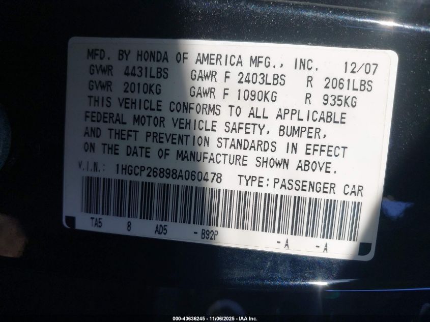 2008 Honda Accord 2.4 Ex-L VIN: 1HGCP26898A060478 Lot: 43636245