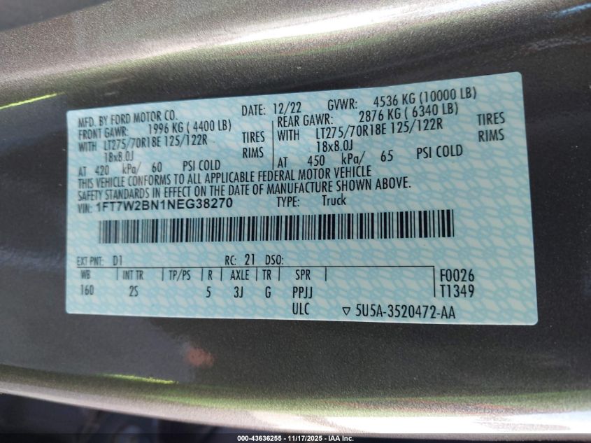 2022 Ford F-250 Xlt VIN: 1FT7W2BN1NEG38270 Lot: 43636255