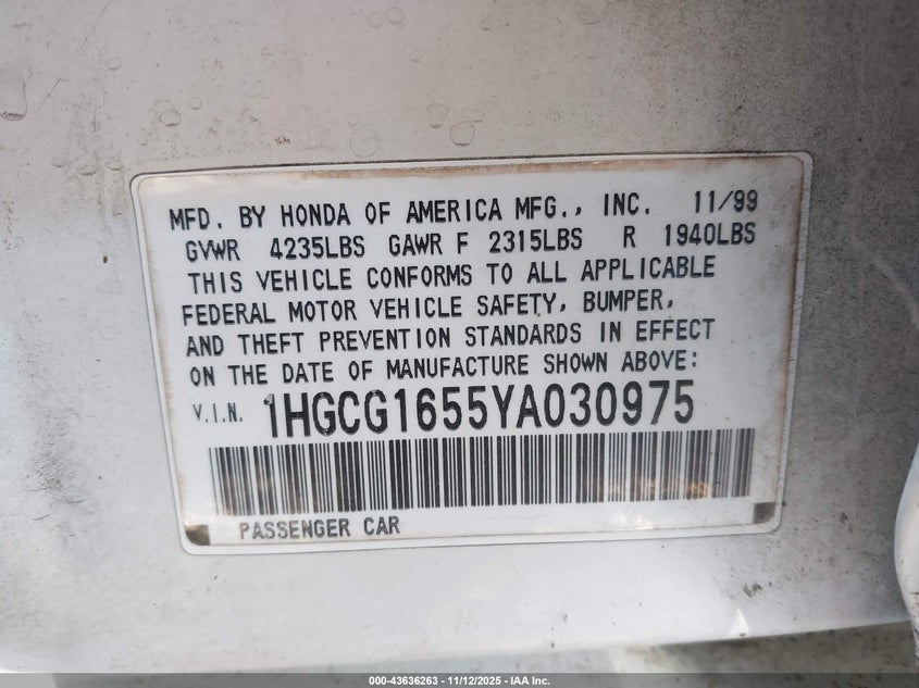 1HGCG1655YA030975 2000 HONDA ACCORD photo no. 9