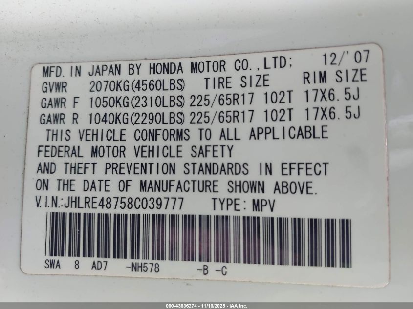 2008 Honda Cr-V Ex-L VIN: JHLRE48758C039777 Lot: 43636274