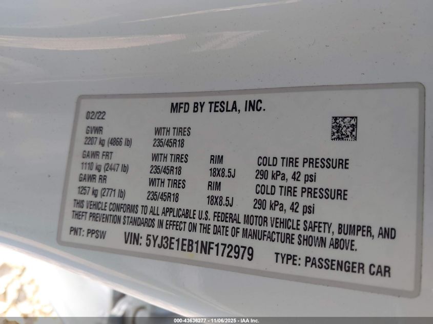 2022 Tesla Model 3 Long Range Dual Motor All-Wheel Drive VIN: 5YJ3E1EB1NF172979 Lot: 43636277