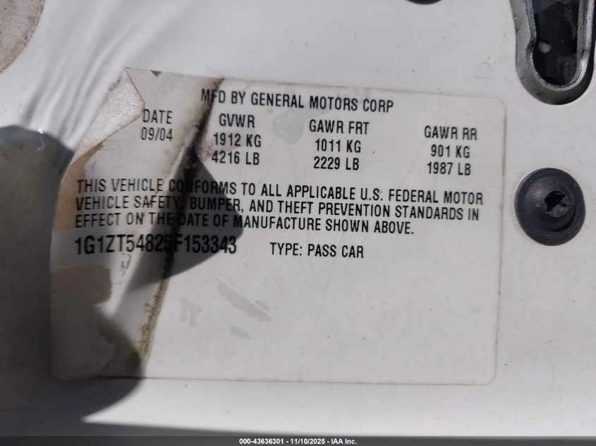 2005 Chevrolet Malibu Ls VIN: 1G1ZT54825F153343 Lot: 43636301