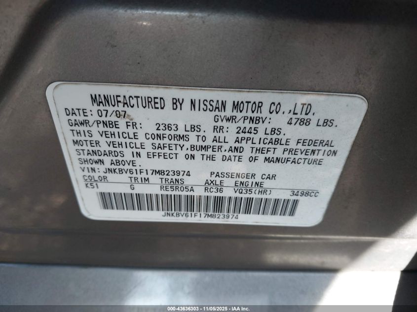 2007 Infiniti G35X VIN: JNKBV61F17M823974 Lot: 43636303
