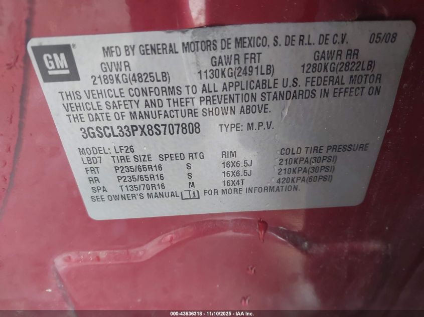 2008 Saturn Vue 4-Cyl Xe VIN: 3GSCL33PX8S707808 Lot: 43636318