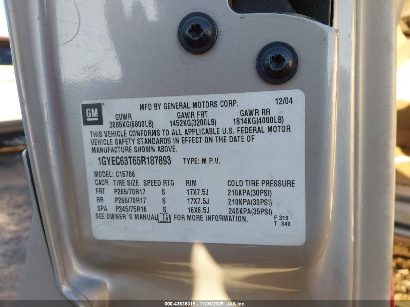 2005 Cadillac Escalade Standard VIN: 1GYEC63T65R187893 Lot: 43636319