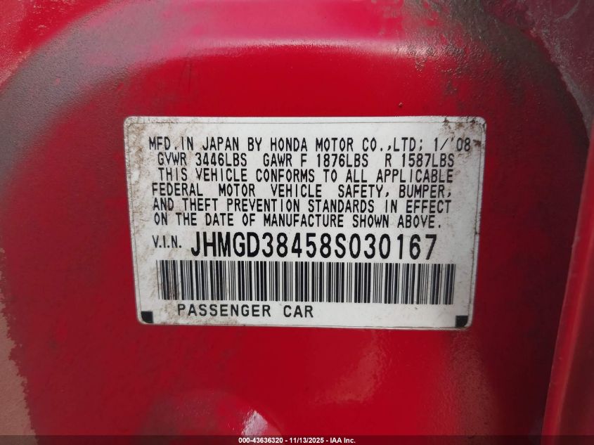 2008 Honda Fit VIN: JHMGD38458S030167 Lot: 43636320