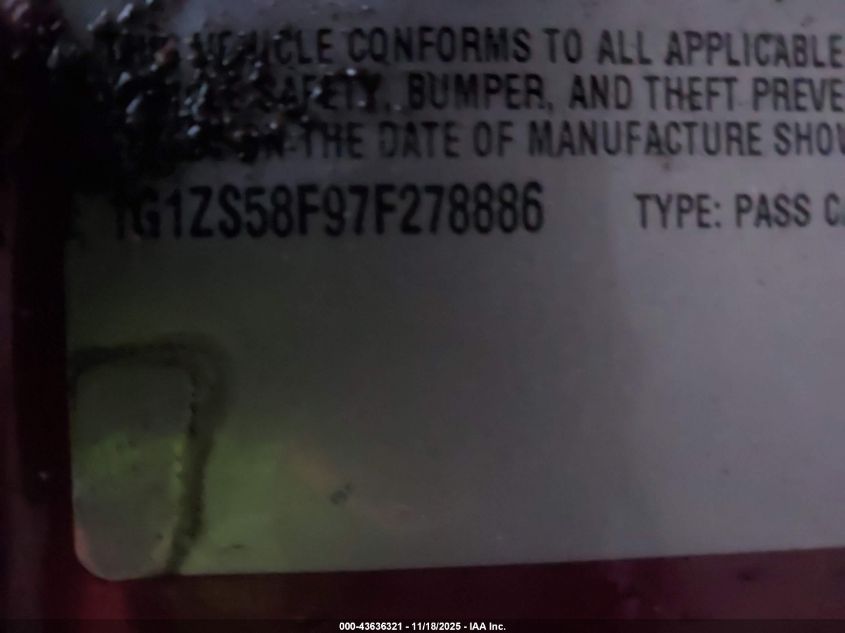 2007 Chevrolet Malibu Ls VIN: 1G1ZS58F97F278886 Lot: 43636321