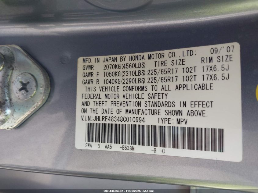 2008 Honda Cr-V Lx VIN: JHLRE48348C010994 Lot: 43636332