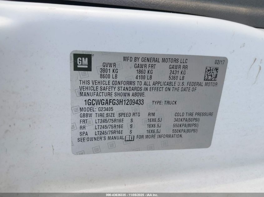 2017 CHEVROLET EXPRESS 2500 WORK VAN 1GCWGAFG3H1209433