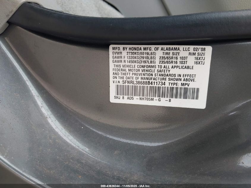 2008 Honda Odyssey Ex-L VIN: 5FNRL38688B411734 Lot: 43636344