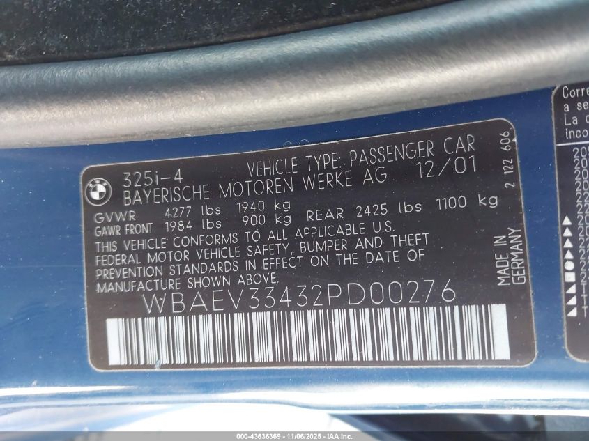 2002 BMW 325I VIN: WBAEV33432PD00276 Lot: 43636369