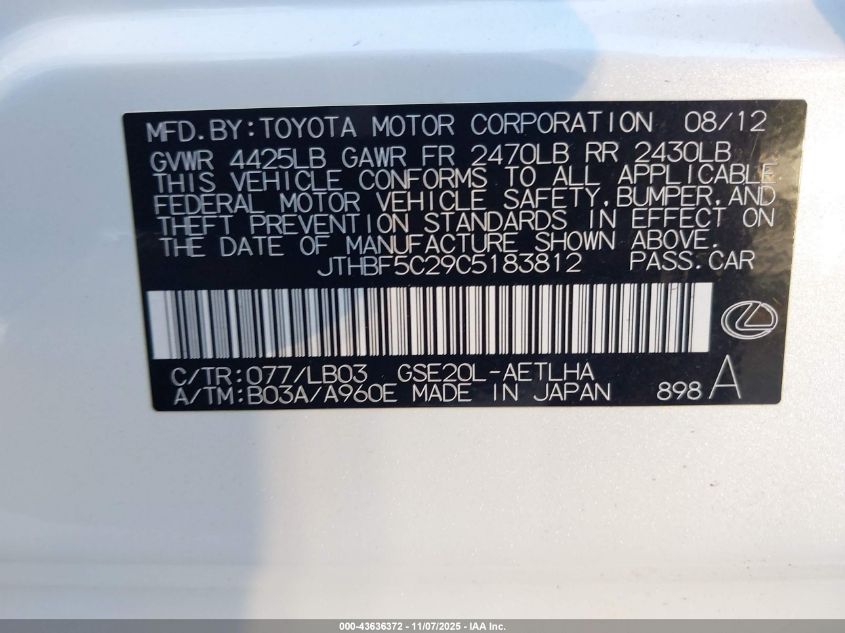 2012 Lexus Is 250 VIN: JTHBF5C29C5183812 Lot: 43636372