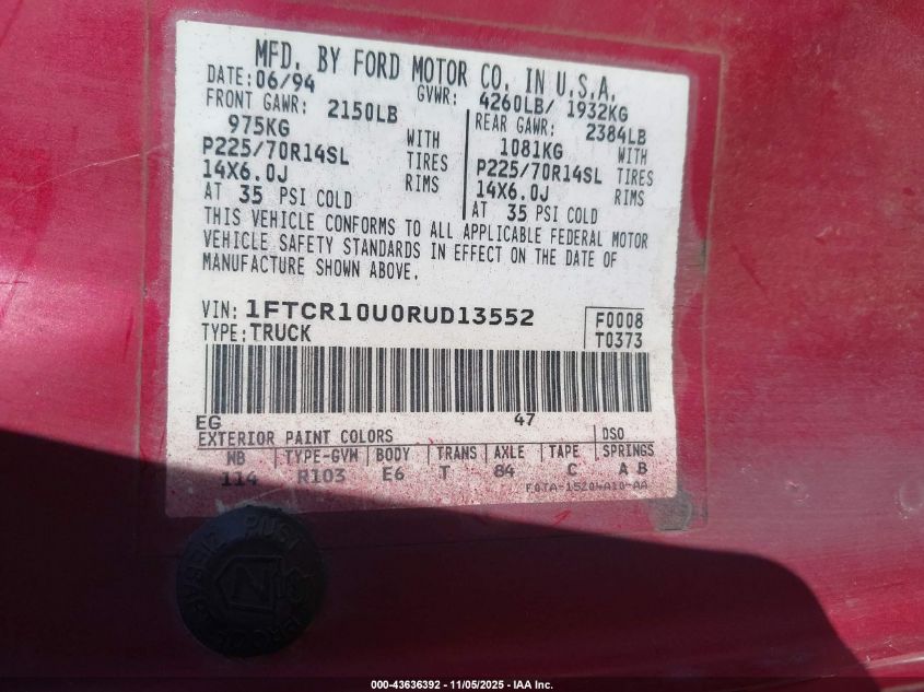 1994 Ford Ranger VIN: 1FTCR10U0RUD13552 Lot: 43636392
