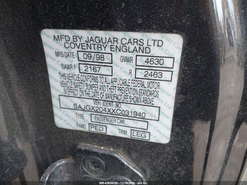 1999 Jaguar Xk8 VIN: SAJGX204XXC031940 Lot: 43636399