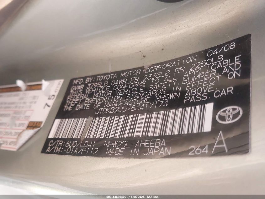 2008 Toyota Prius VIN: JTDKB20U783417174 Lot: 43636402