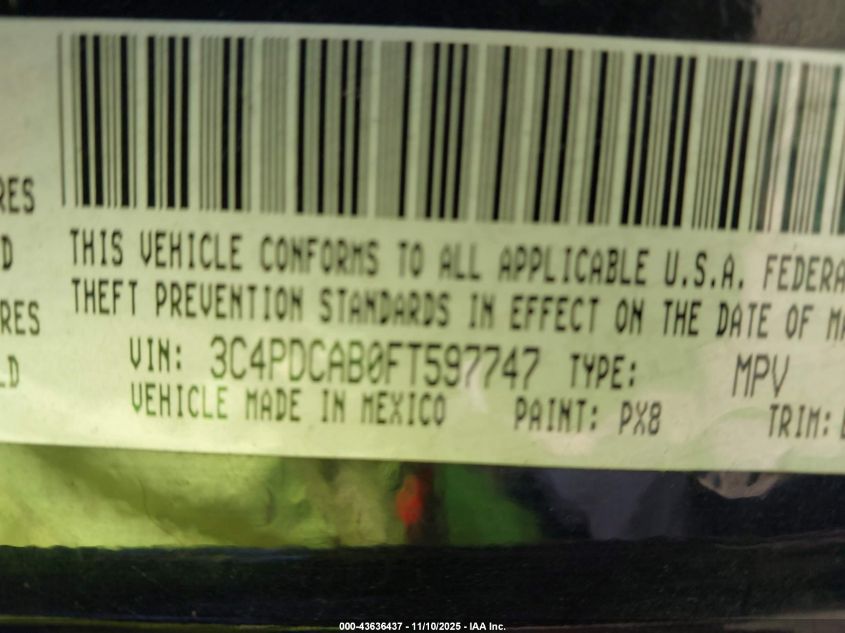 2015 Dodge Journey Se VIN: 3C4PDCAB0FT597747 Lot: 43636437