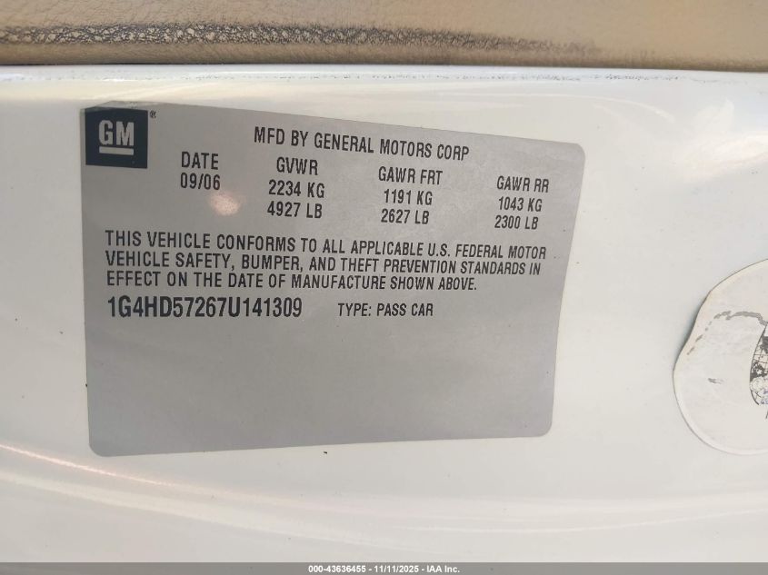 2007 Buick Lucerne Cxl VIN: 1G4HD57267U141309 Lot: 43636455