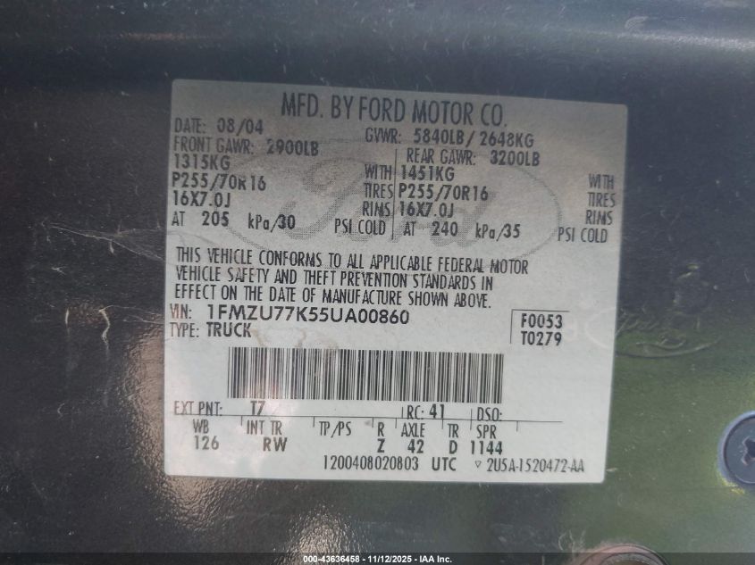 2005 Ford Explorer Sport Trac Adrenalin/Xls/Xlt VIN: 1FMZU77K55UA00860 Lot: 43636458