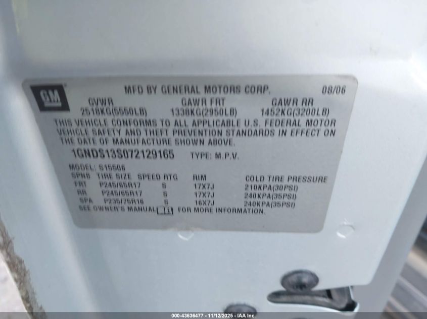 2007 Chevrolet Trailblazer Ls VIN: 1GNDS13S072129165 Lot: 43636477