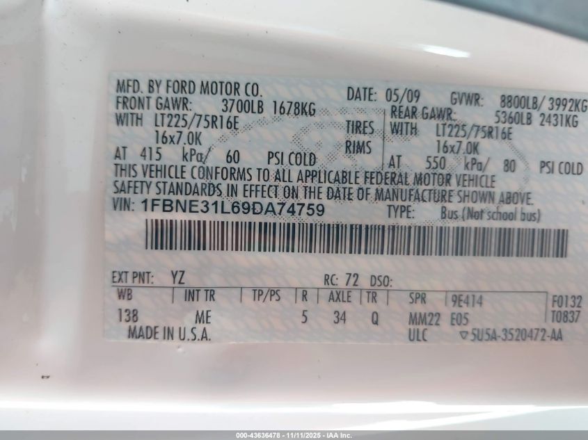 2009 Ford E-350 Super Duty Xl/Xlt VIN: 1FBNE31L69DA74759 Lot: 43636478