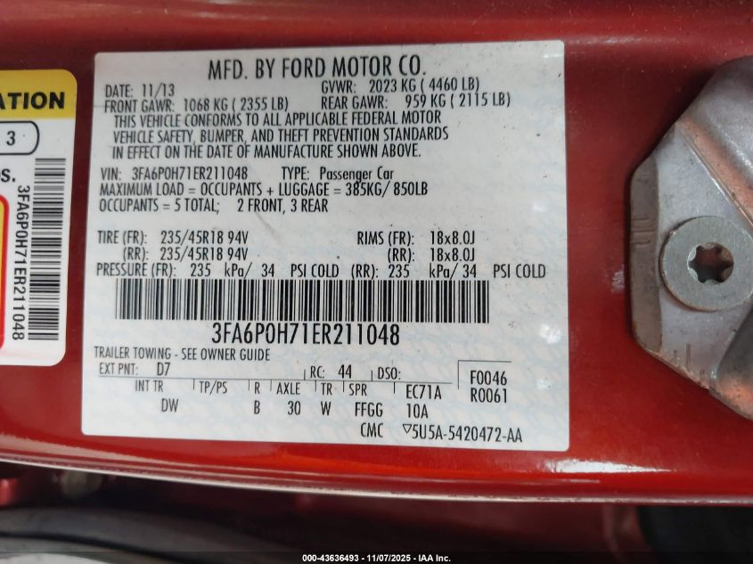 2014 Ford Fusion Se VIN: 3FA6P0H71ER211048 Lot: 43636493