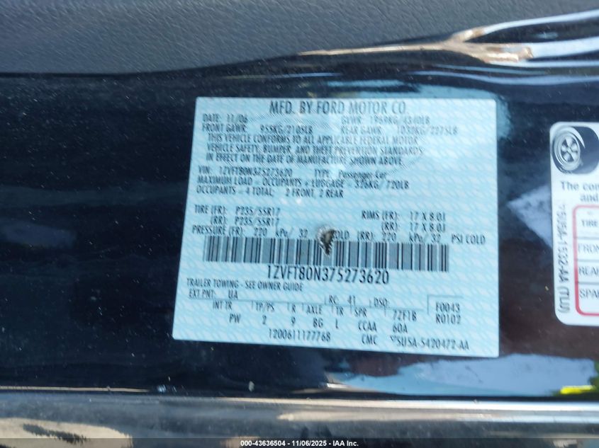 2007 Ford Mustang V6 Deluxe/V6 Premium VIN: 1ZVFT80N375273620 Lot: 43636504
