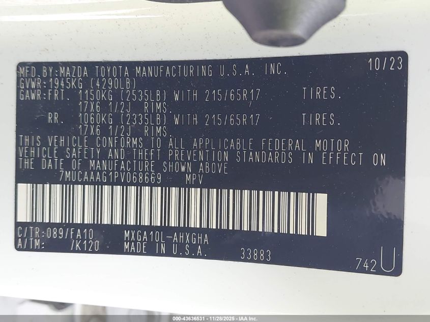 2023 Toyota Corolla Cross Le VIN: 7MUCAAAG1PV068669 Lot: 43636531