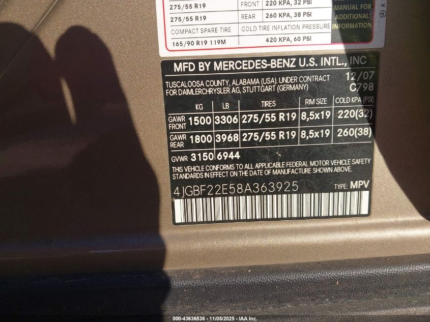 2008 Mercedes-Benz Gl 320 Cdi 4Matic VIN: 4JGBF22E58A363925 Lot: 43636536