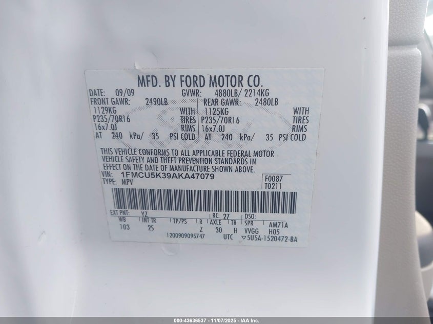 1FMCU5K39AKA47079 2010 FORD ESCAPE photo no. 9