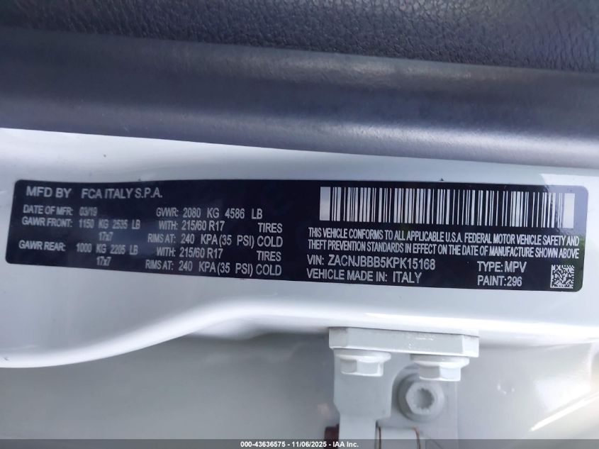 2019 Jeep Renegade Latitude 4X4 VIN: ZACNJBBB5KPK15168 Lot: 43636575