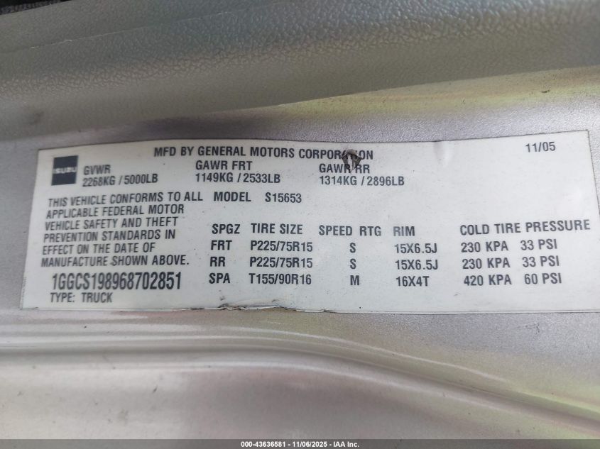 2006 Isuzu I-280 S VIN: 1GGCS198968702851 Lot: 43636581