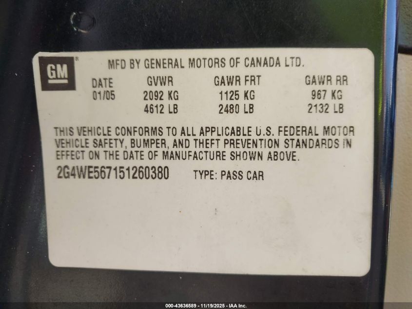 2005 Buick Lacrosse Cxs VIN: 2G4WE567151260380 Lot: 43636589